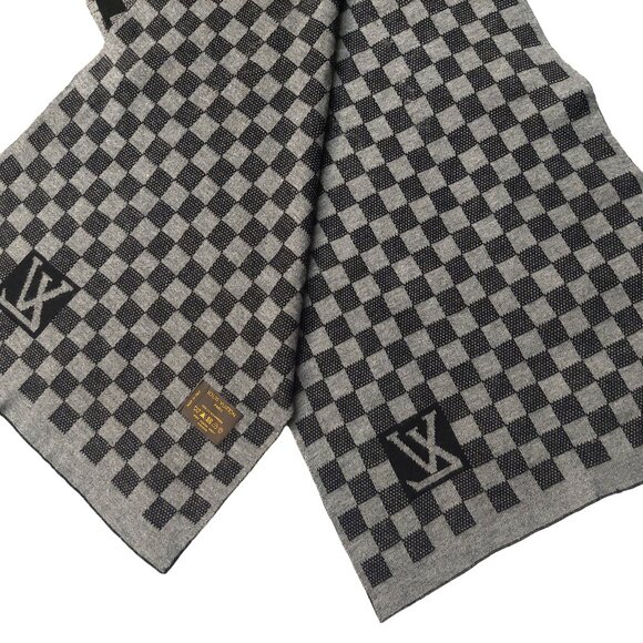 LOUIS VUITTON Black Gray Reversible Cashmere Damier Scarf Pre-Owned - Picture 11 of 13